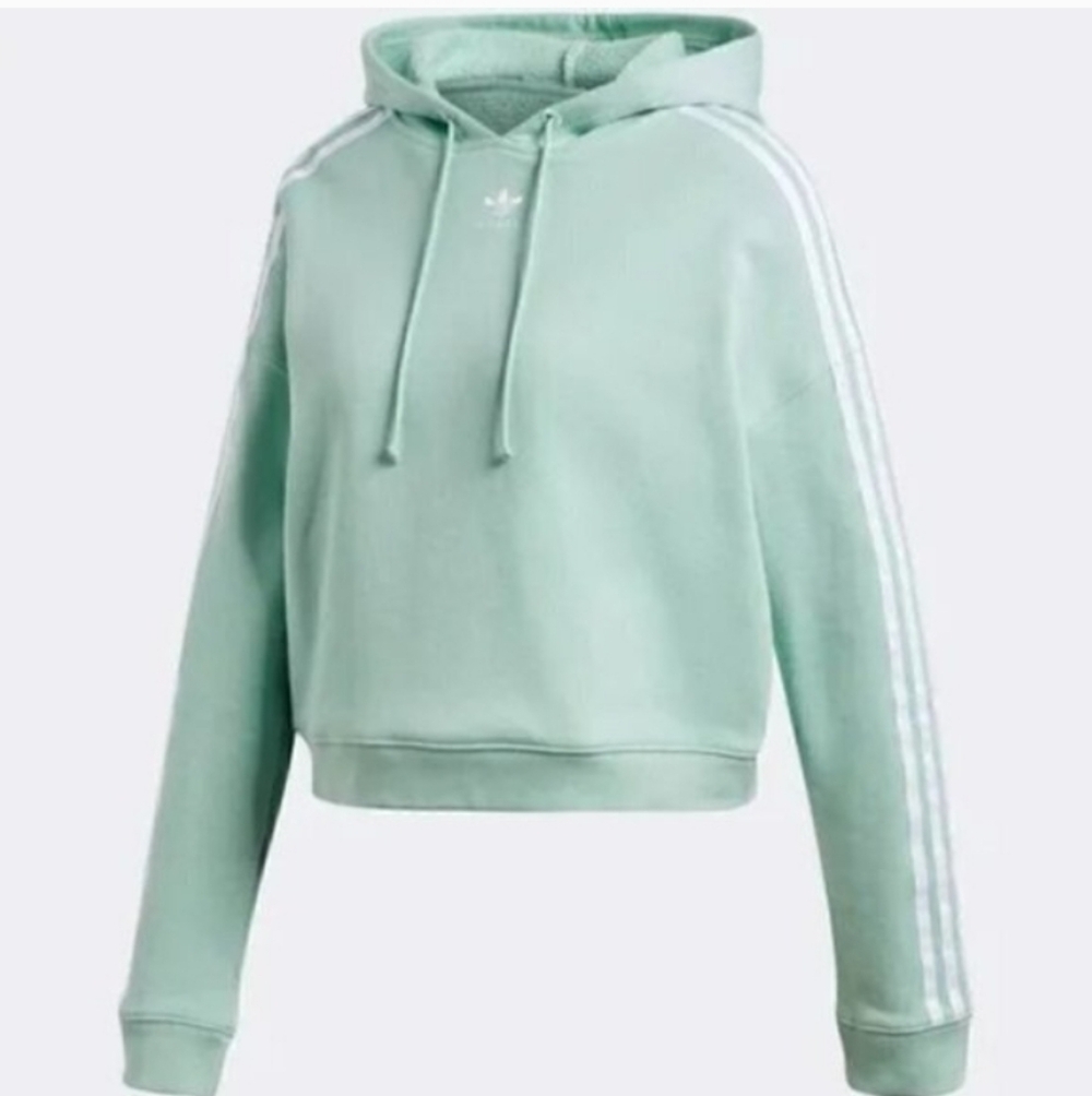 Adidas Women’s Mint Green Cropped Hoodie with Three Stripes Sz Small